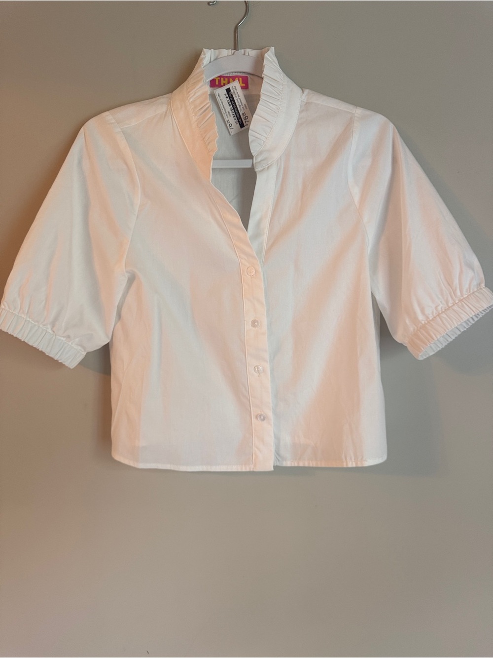 NWT THML White button down short sleeve Top  high ruffled neck XS